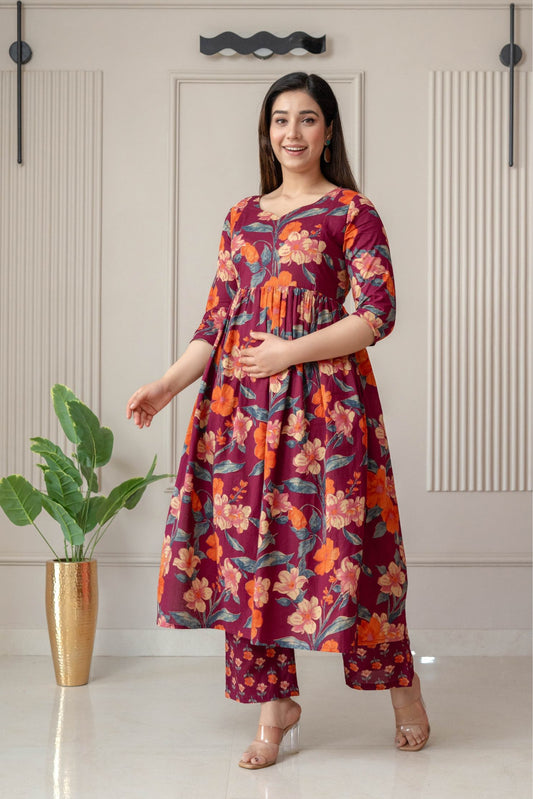 Floral Printed Maternity Kurti Set for Women | Feeding Friendly Nursing Kurta with Palazzo | Soft Cotton Ethnic Wear
