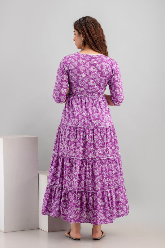 Purple Floral Pure Cotton Maternity Dress | Feeding Friendly Comfortable Pregnancy Wear - HENAL