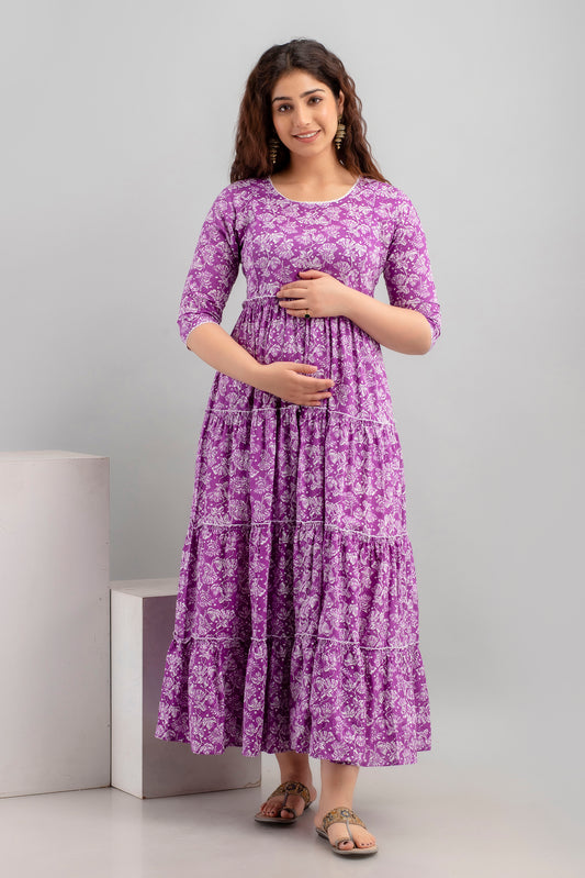 Purple Floral Pure Cotton Maternity Dress | Feeding Friendly Comfortable Pregnancy Wear - HENAL