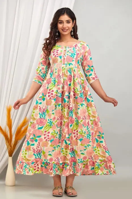 Floral Printed Cotton Maternity Dress for Women with Front Button Detailing - HENAL