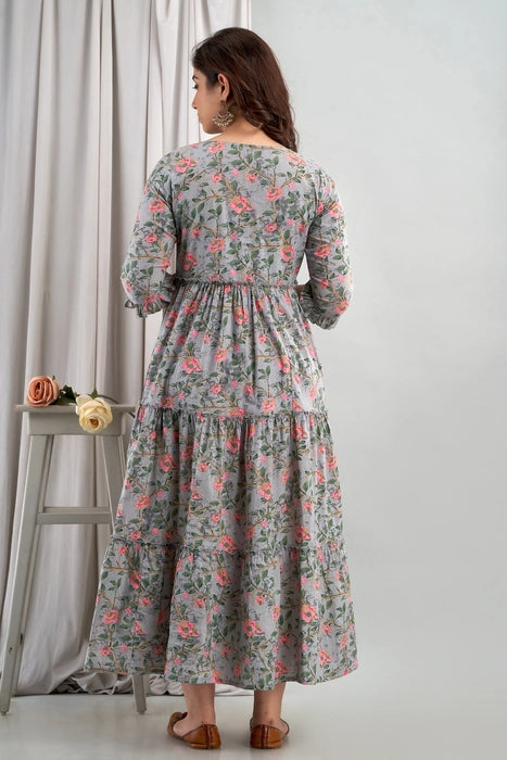 Grey Floral Printed Cotton Maternity Dress – Tiered Gown with 3/4 Ruffle Sleeves