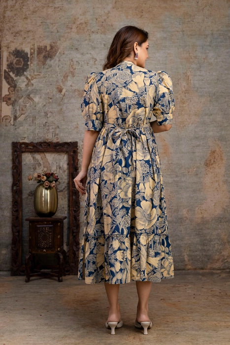 Contact Us  Refund Policy  Change store language   Henal Women’s Navy Blue & Beige Floral Cotton Maternity Dress | Stylish Feeding-Friendly Maxi
