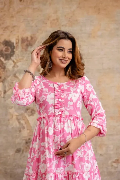Women’s Pink Floral Printed Cotton Anarkali Dress | Long Ethnic Maxi Kurti with Flared Hem - HENAL