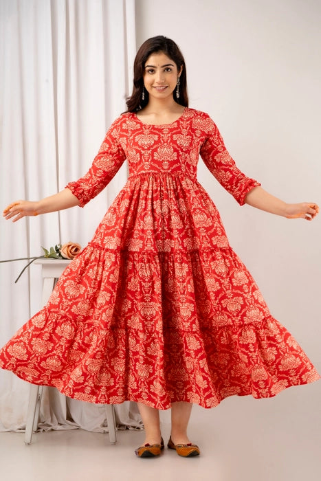 Red Ethnic Printed Cotton Maternity Dress – Anarkali Style with 3/4 Sleeves