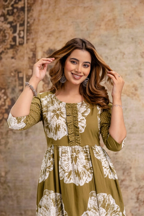 Women’s Olive Green Cotton Floral Printed Long Anarkali Dress | Ethnic Maxi Kurti with Flared Hem