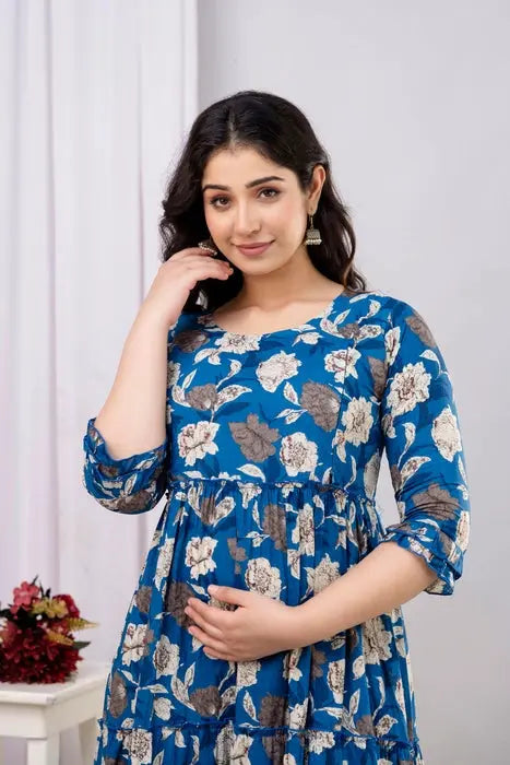 Henal Cotton Blue Floral Maternity Dress – Elegant Maxi for Pregnancy & Nursing Comfort - HENAL
