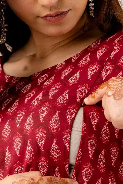 Women’s Red Cotton Printed Long Anarkali Dress | Ethnic Maxi Kurti for Casual & Festive Wear - HENAL