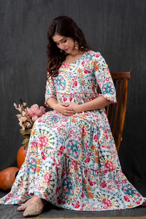 Henal White Multicolor Floral Cotton Maternity Dress – Elegant & Bump-Friendly Gown - HENAL
