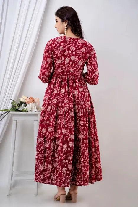 Henal Maroon Floral Cotton Maternity Dress – Elegant & Bump-Friendly - HENAL