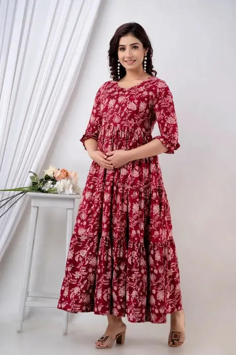 Henal Maroon Floral Cotton Maternity Dress – Elegant & Bump-Friendly - HENAL