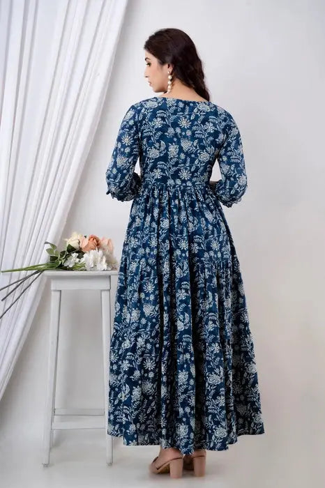 Henal Navy Blue Floral Cotton Maternity Dress – Elegant & Bump-Friendly - HENAL