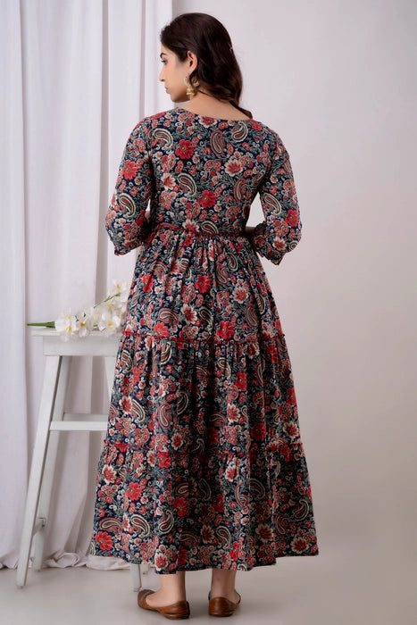 Henal Floral Printed Gathered Tiered Rayon Maternity Maxi Dress