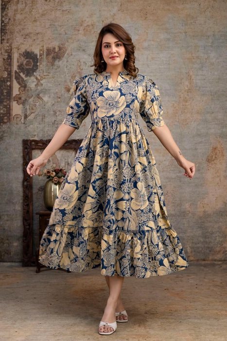 Contact Us  Refund Policy  Change store language   Henal Women’s Navy Blue & Beige Floral Cotton Maternity Dress | Stylish Feeding-Friendly Maxi