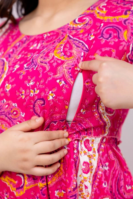 Henal Pink Paisley Cotton Maternity Dress – Vibrant Maxi for Modern Moms
