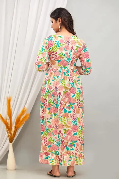 Floral Printed Cotton Maternity Dress for Women with Front Button Detailing - HENAL