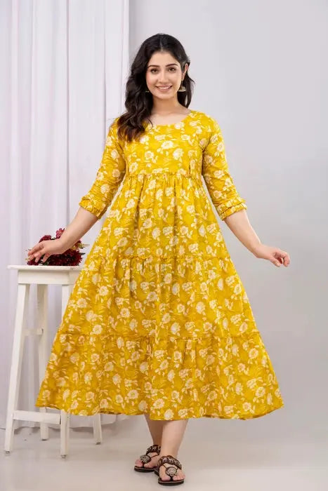 Yellow Floral Cotton Maternity Dress – Tiered Anarkali with 3/4 Sleeves - HENAL