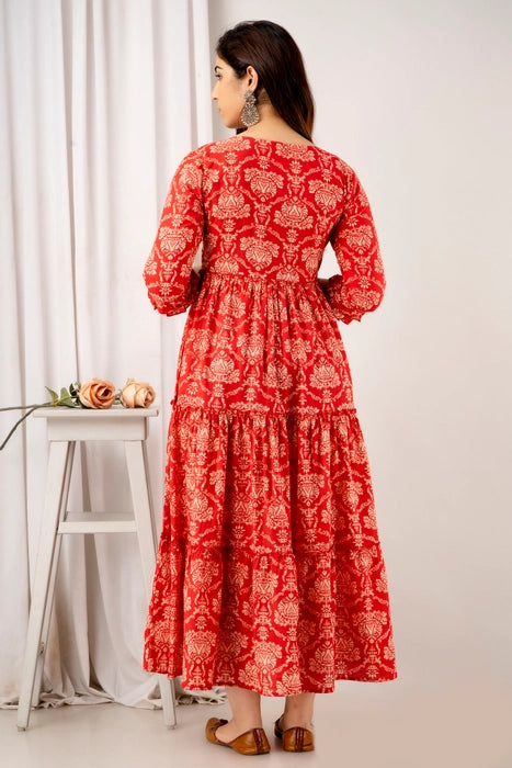 Red Ethnic Printed Cotton Maternity Dress – Anarkali Style with 3/4 Sleeves