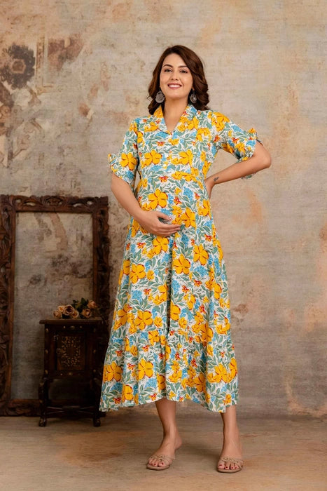 Henal Women’s Floral Cotton Maternity Dress – Comfortable Feeding Friendly Maxi Dress