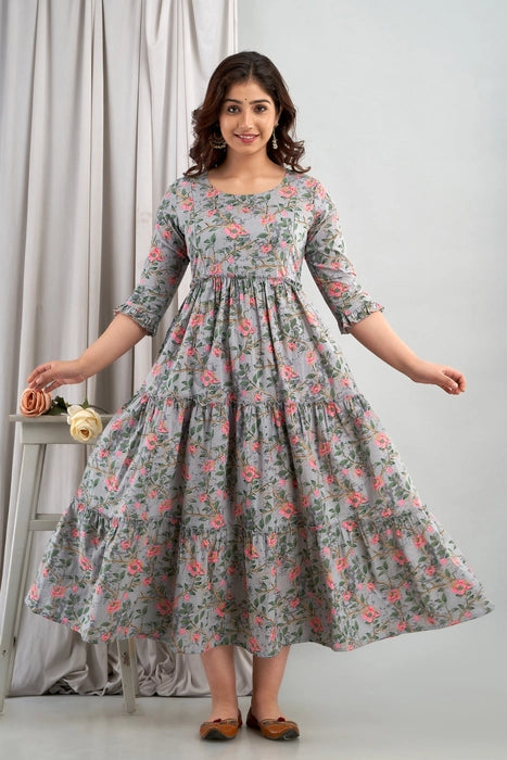 Grey Floral Printed Cotton Maternity Dress – Tiered Gown with 3/4 Ruffle Sleeves