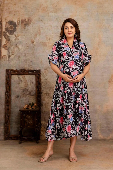 Henal Women’s Black Floral Cotton Maternity Dress | Feeding-Friendly Maxi