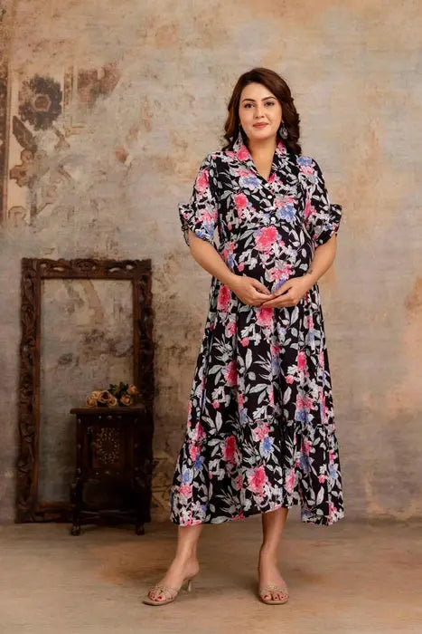 Feeding-Friendly Cotton Maternity Dress | Henal Floral Maxi - HENAL
