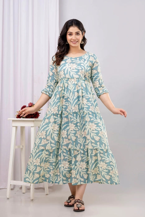 Sage Green Floral Cotton Maternity Dress – Tiered Maxi with Ruffle Sleeves