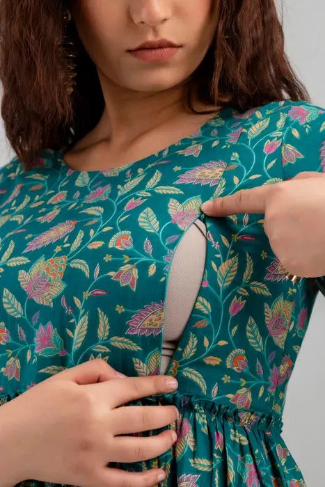 Henal Teal Floral Cotton Maternity Maxi Dress – Comfort Fit for Moms-to-Be - HENAL