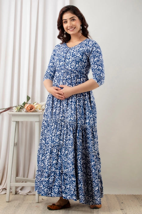 HENAL Women's Rayon Maternity Gown Pregnancy Casual Long Sleeve Dual Zipped for Feeding Nursing Maternity Comfort Gown Kurti(Blue)