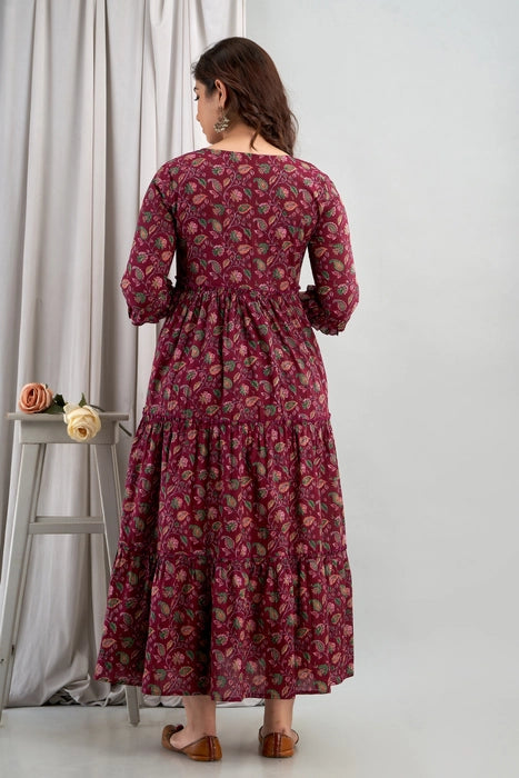 Burgundy Floral Cotton Maternity Dress for Women – Tiered Fit with 3/4 Sleeves