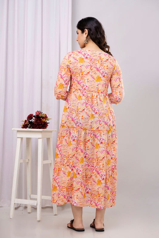 Peach Floral Cotton Maternity Dress for Pregnancy & Feeding | Soft & Breathable - HENAL