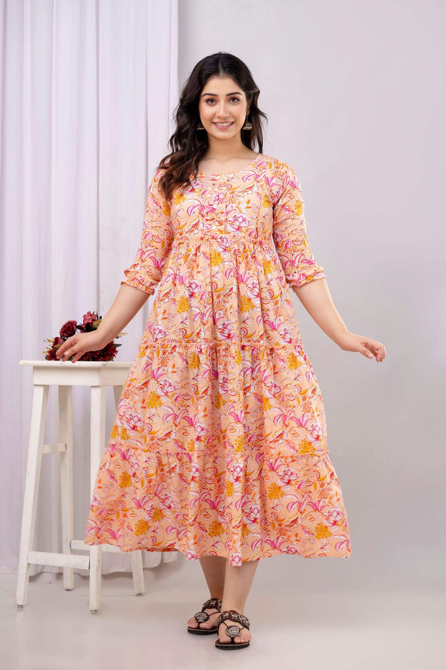 Peach Floral Cotton Maternity Dress for Pregnancy & Feeding | Soft & Breathable - HENAL