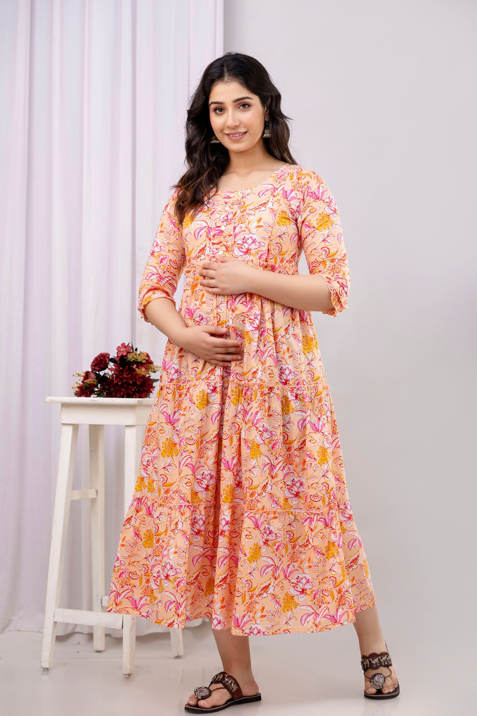 Peach Floral Cotton Maternity Dress for Pregnancy & Feeding | Soft & Breathable - HENAL