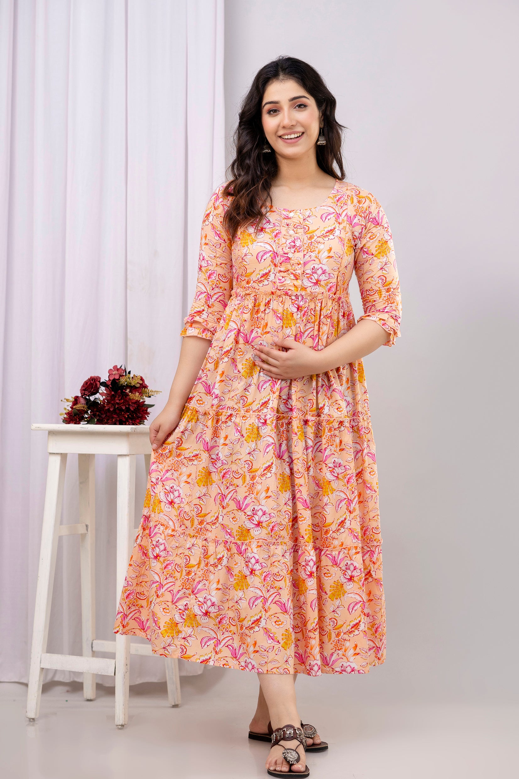 Peach Floral Cotton Maternity Dress for Pregnancy & Feeding | Soft & Breathable - HENAL