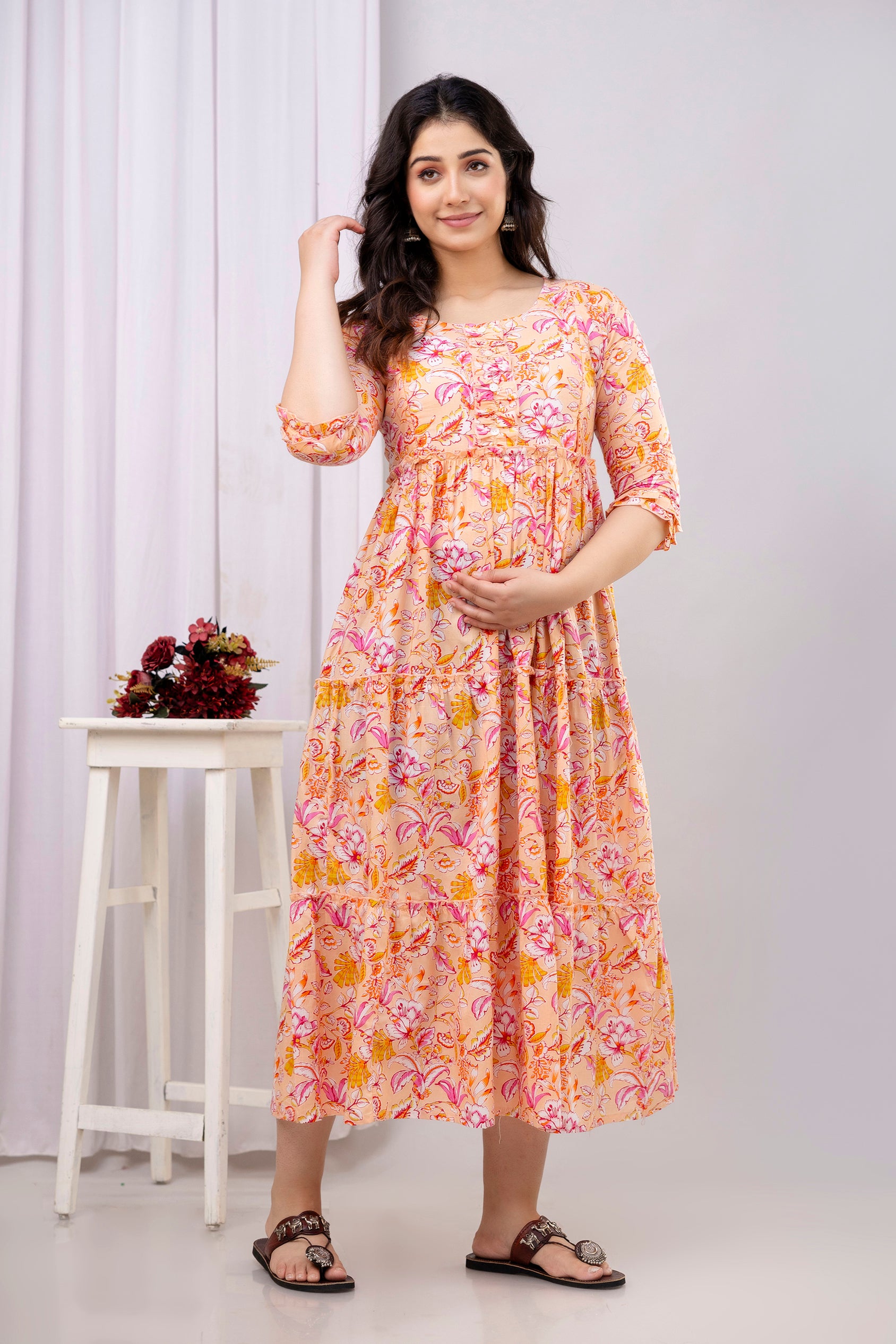 Peach Floral Cotton Maternity Dress for Pregnancy & Feeding | Soft & Breathable - HENAL