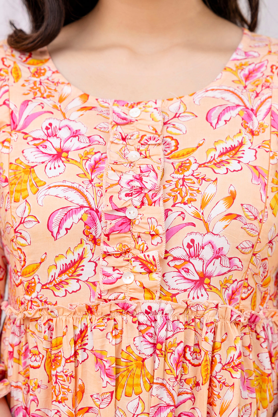 Peach Floral Cotton Maternity Dress for Pregnancy & Feeding | Soft & Breathable - HENAL