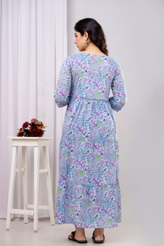 Lavender Floral Pure Cotton Maternity Dress | Feeding Friendly Comfortable Pregnancy Wear - HENAL