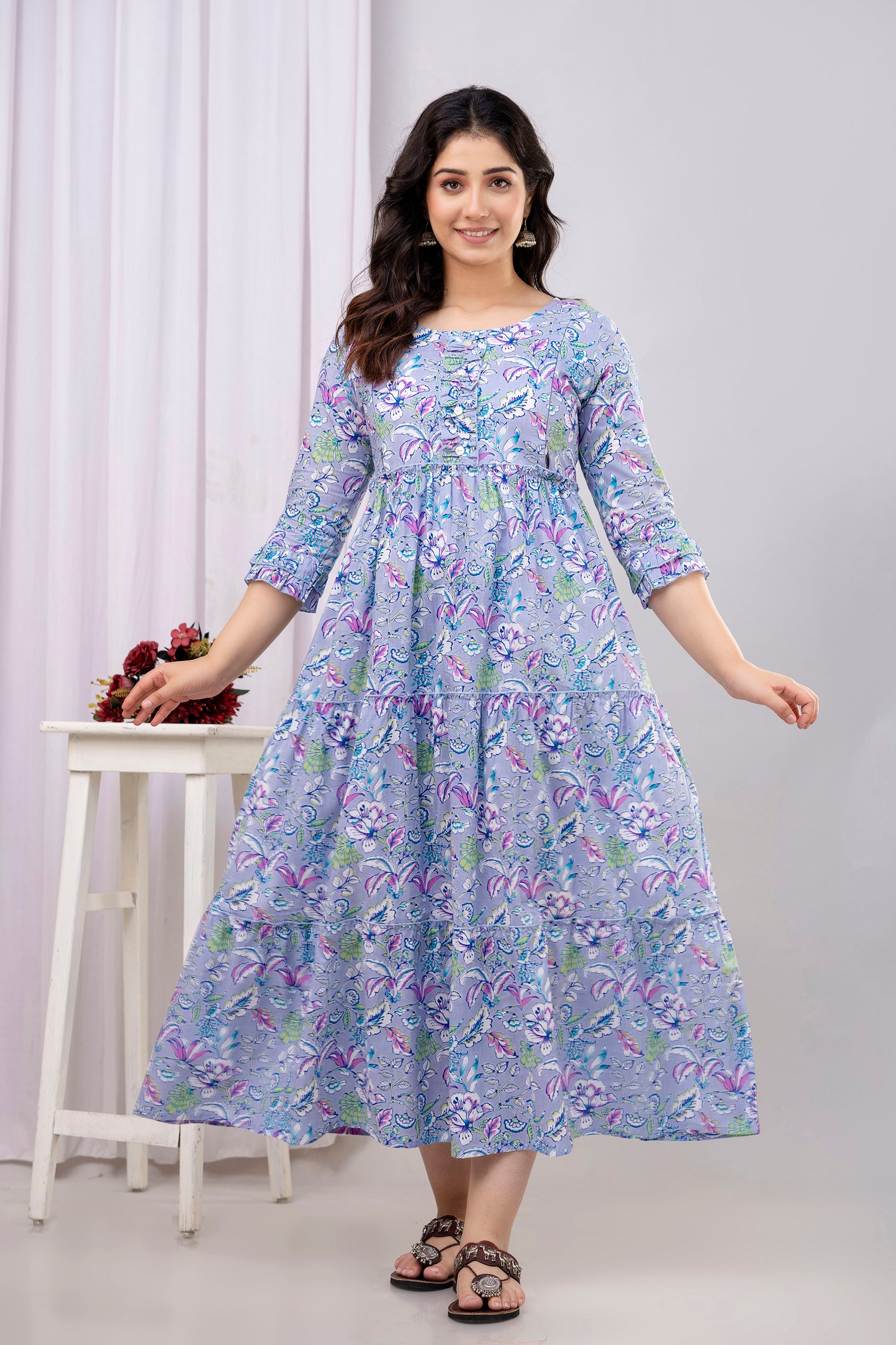 Lavender Floral Pure Cotton Maternity Dress | Feeding Friendly Comfortable Pregnancy Wear - HENAL