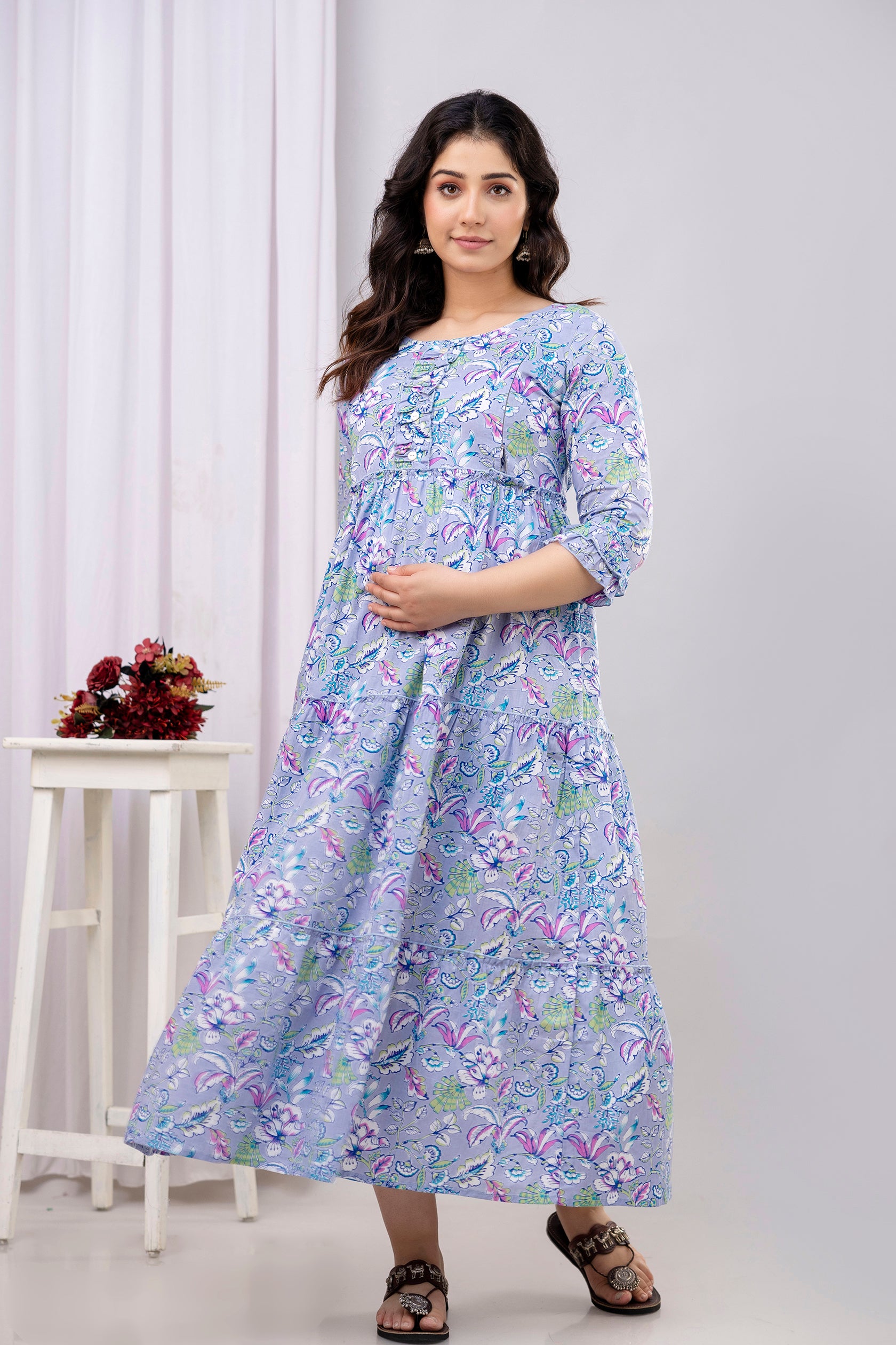 Lavender Floral Pure Cotton Maternity Dress | Feeding Friendly Comfortable Pregnancy Wear - HENAL