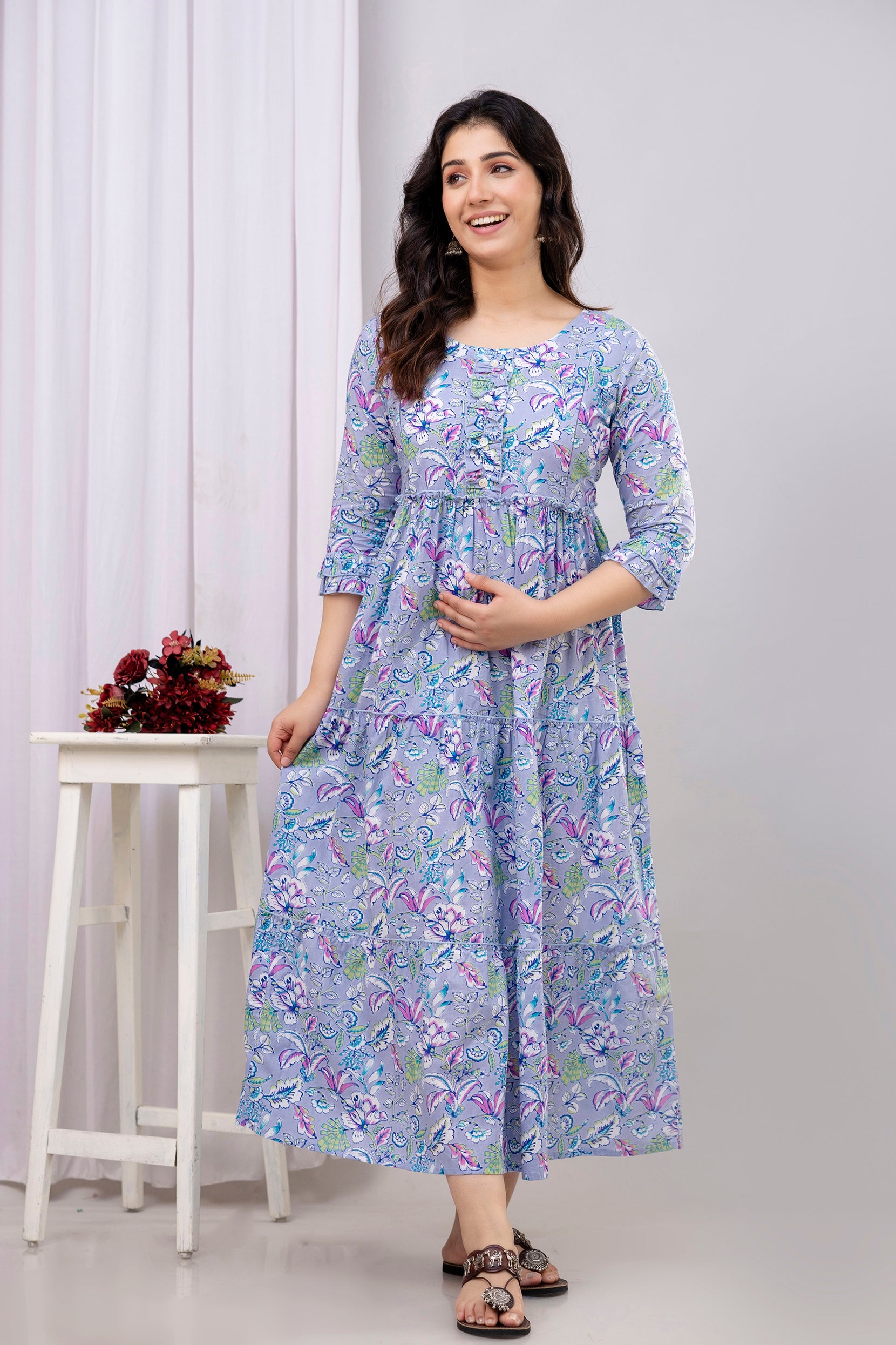 Lavender Floral Pure Cotton Maternity Dress | Feeding Friendly Comfortable Pregnancy Wear - HENAL