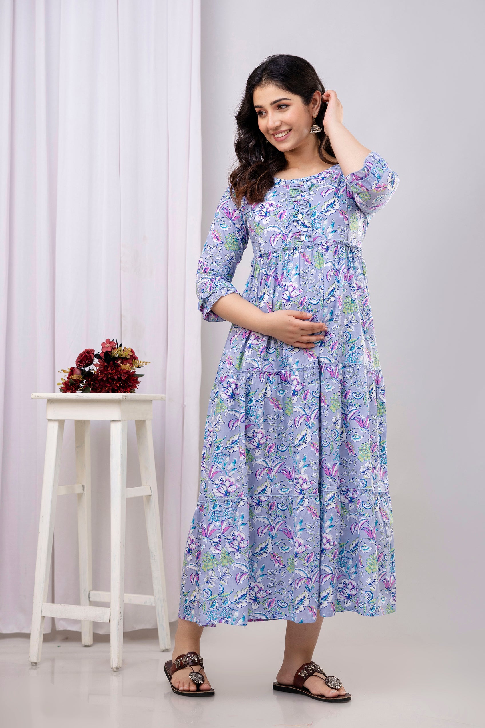 Lavender Floral Pure Cotton Maternity Dress | Feeding Friendly Comfortable Pregnancy Wear - HENAL