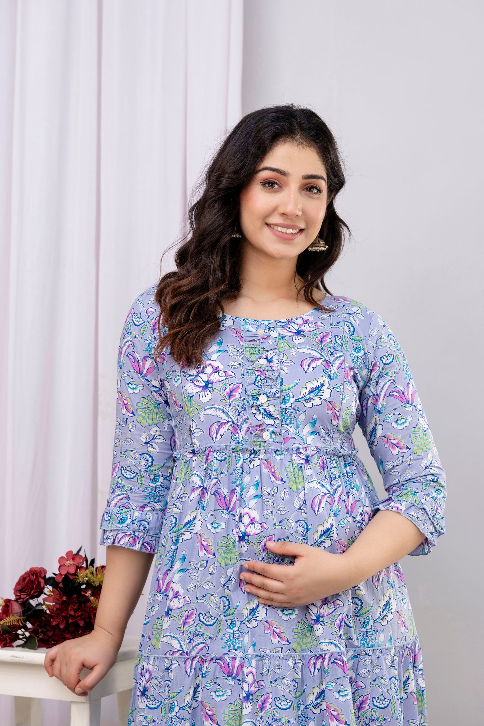 Lavender Floral Pure Cotton Maternity Dress | Feeding Friendly Comfortable Pregnancy Wear - HENAL