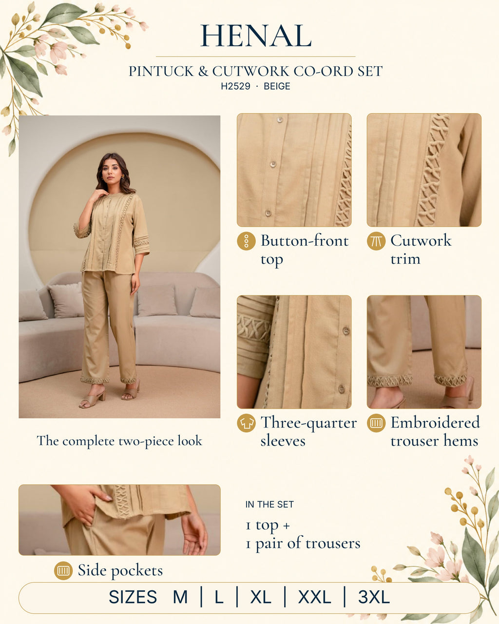 H2529 Beige product infographic showing original full outfit and close-ups: Button-front top, Cutwork trim, Three-quarter sleeves, Embroidered trouser hems, Side pockets. 1 top + 1 pair of trousers.