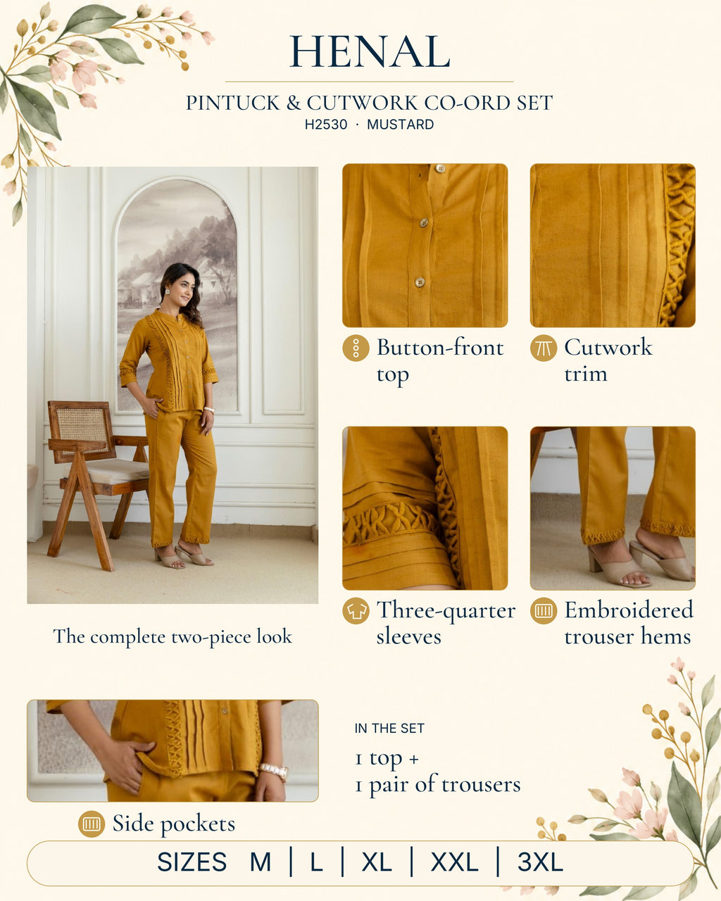 H2530 Mustard product infographic showing original full outfit and close-ups: Button-front top, Cutwork trim, Three-quarter sleeves, Embroidered trouser hems, Side pockets. 1 top + 1 pair of trousers.