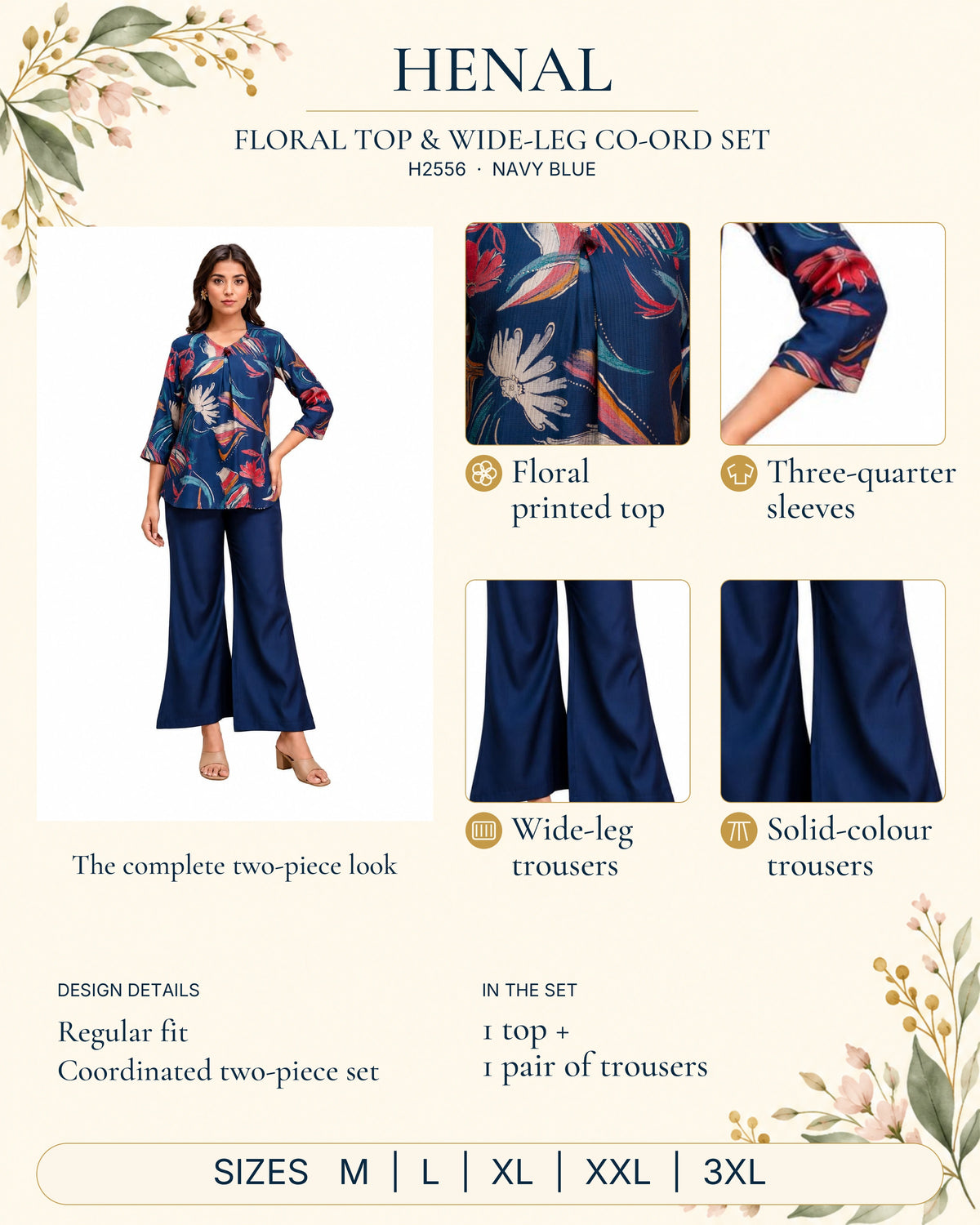 H2556 Navy Blue product infographic showing original full outfit and close-ups: Floral printed top, Three-quarter sleeves, Wide-leg trousers, Solid-colour trousers. 1 top + 1 pair of trousers.