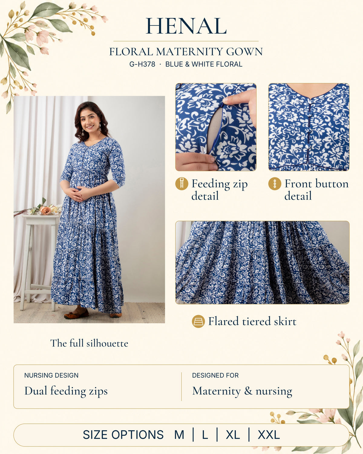 HENAL G-H378 blue and white floral maternity gown detail guide, with a full-length original photograph and genuine close-ups of an opened feeding zip, front buttons and flared tiered skirt. Dual feeding zips; maternity and nursing design. Size options: M, L, XL, XXL.