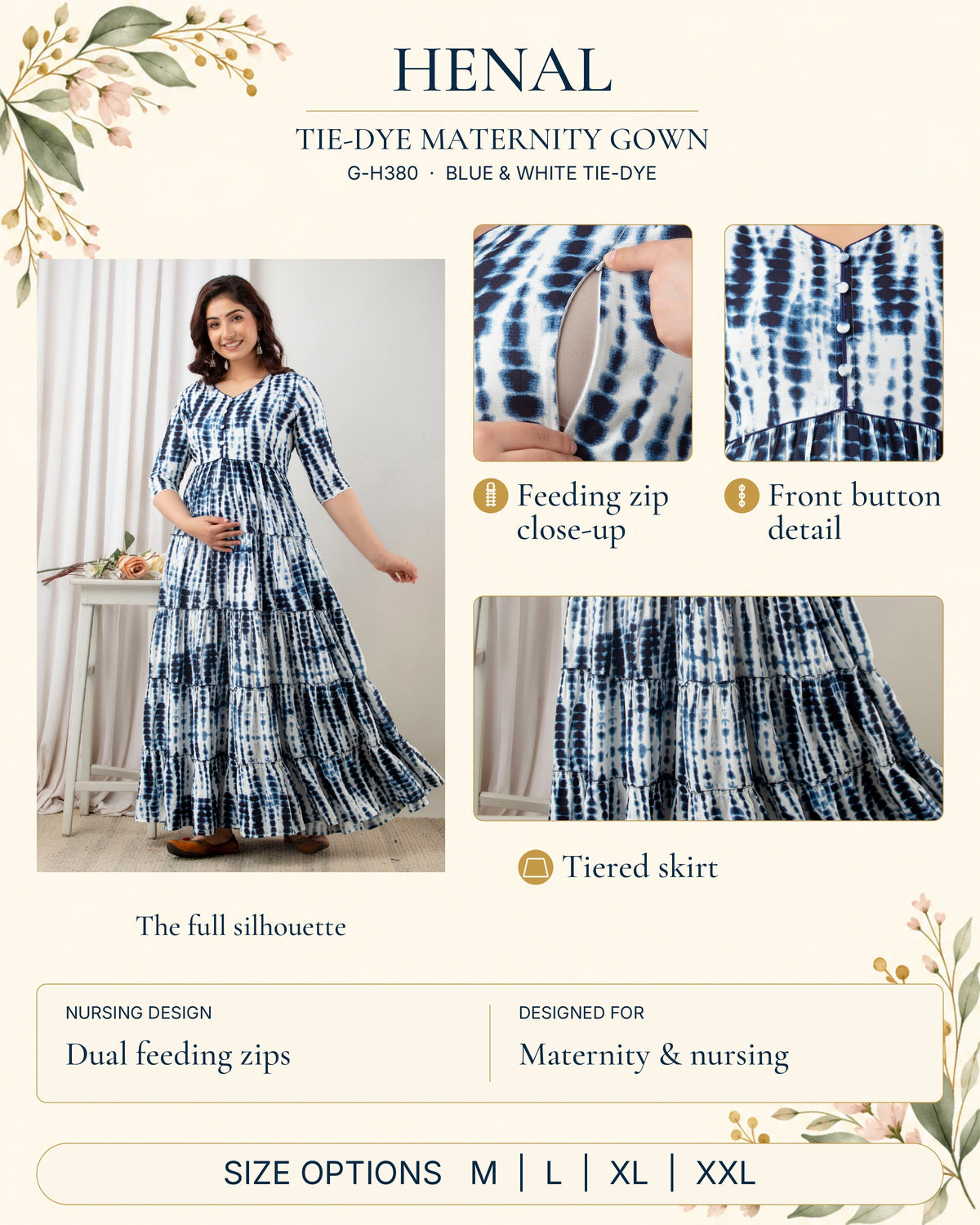 HENAL G-H380 blue and white tie-dye maternity gown detail guide: full original garment with genuine close-ups of an opened feeding zip, front button detail and tiered skirt. Dual feeding zips; maternity and nursing. Size options: M, L, XL, XXL.