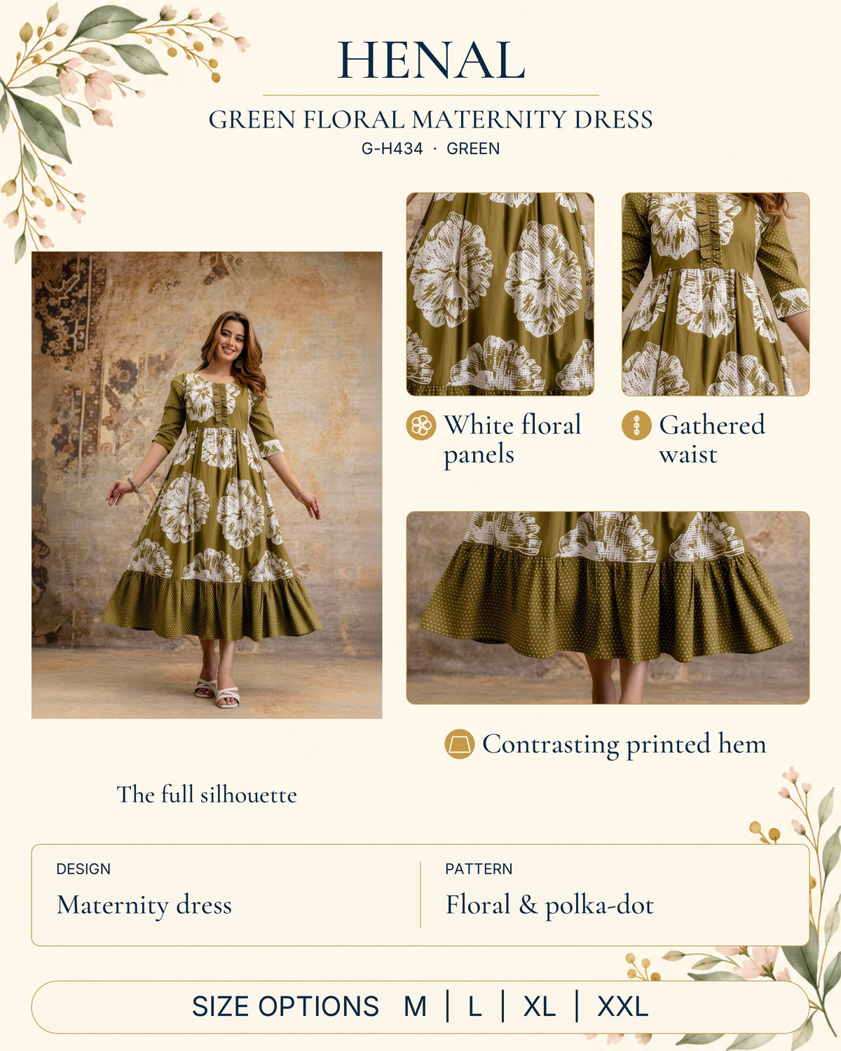 HENAL G-H434 Green detail guide: full original garment with close-ups of white floral panels, gathered waist, contrasting printed hem. Maternity dress; Floral & polka-dot. Size options: M, L, XL, XXL.