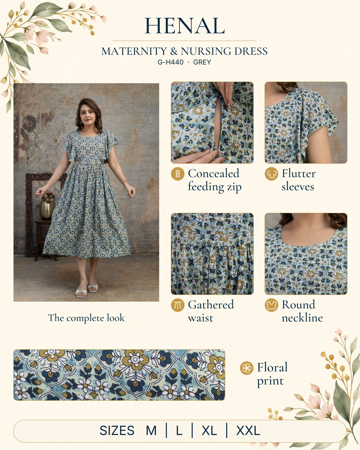HENAL G-H440 grey maternity and nursing dress with a full-length original photograph and close-ups of its concealed feeding zip, flutter sleeves, gathered waist, round neckline and floral print. Sizes M, L, XL and XXL.