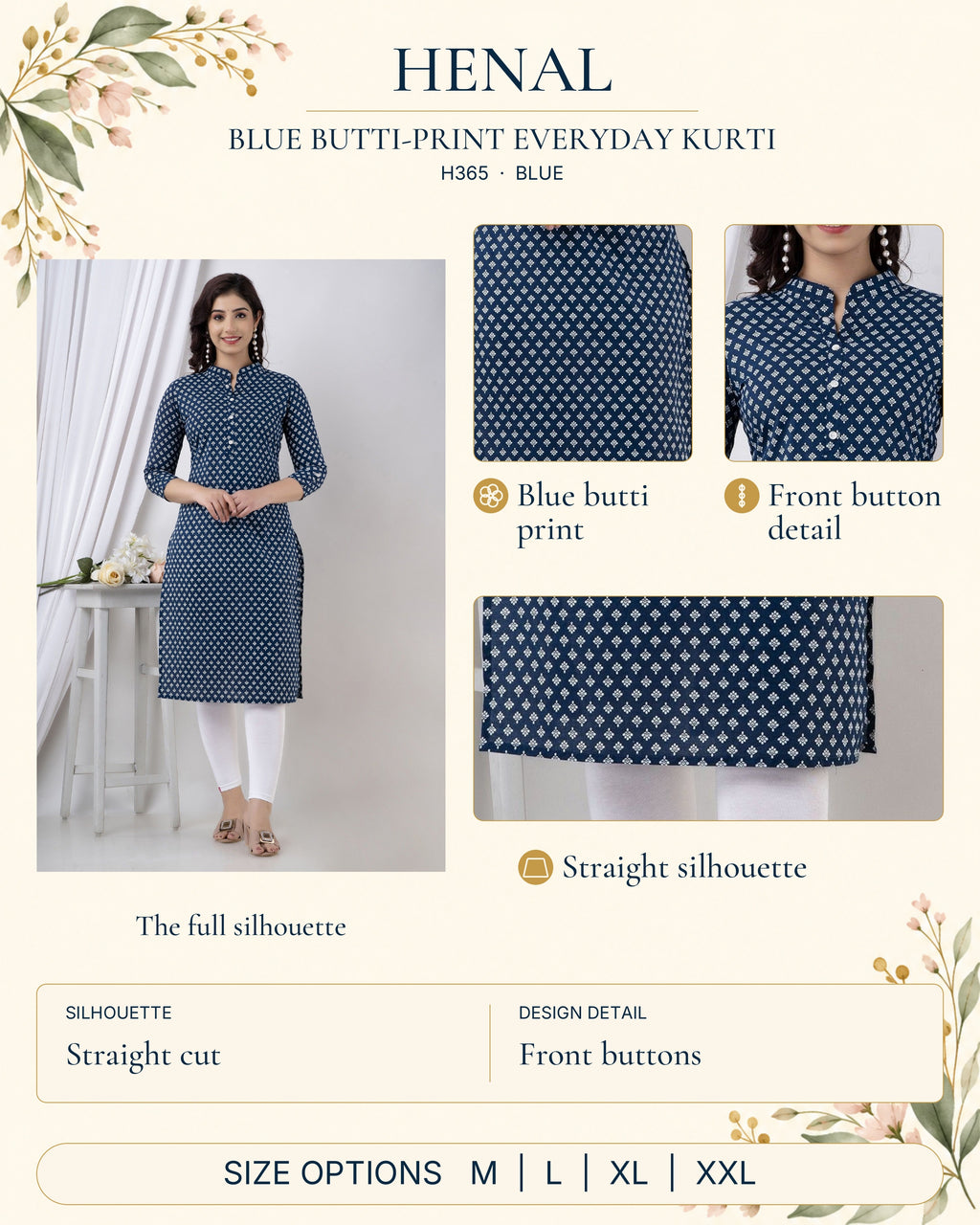 HENAL H365 Blue detail guide: full original garment with close-ups of blue butti print, front button detail, straight silhouette. Straight cut; Front buttons. Size options: M, L, XL, XXL.