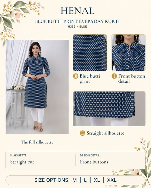 HENAL H365 Blue detail guide: full original garment with close-ups of blue butti print, front button detail, straight silhouette. Straight cut; Front buttons. Size options: M, L, XL, XXL.